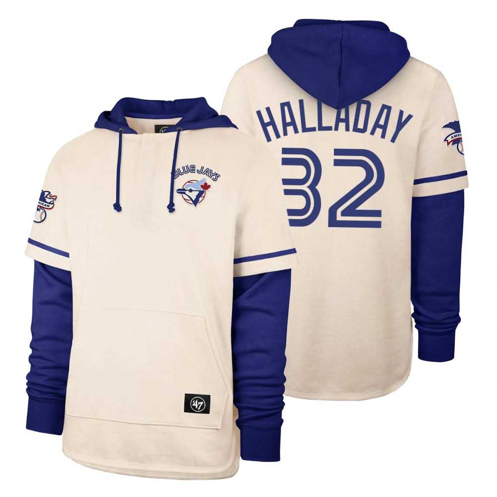 Men Toronto Blue Jays 32 Halladay Cream 2021 Pullover Hoodie MLB Jersey